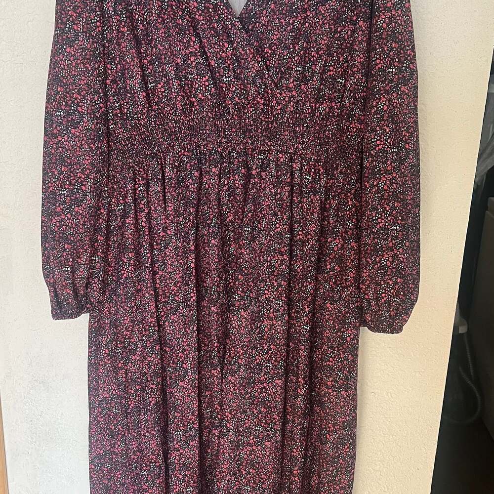 Floral Smocked Midi Dress, Long Sleeve, Burgundy Pink, Size 4xl